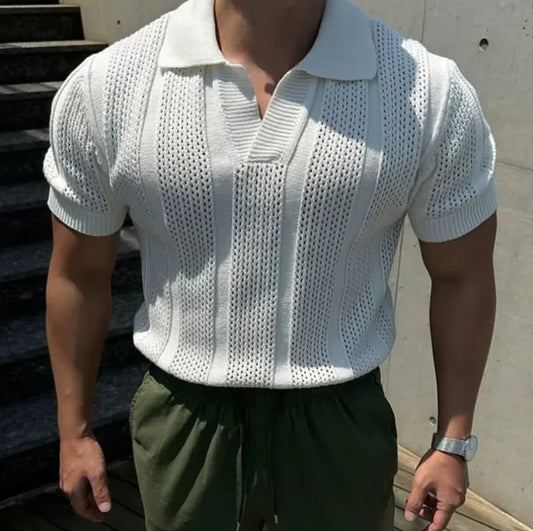 Mesh Knit Short-Sleeve Polo Tee