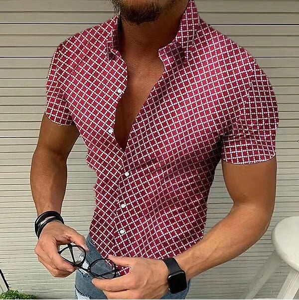 Men's Geometric Plaid Breathable Short Sleeve Shirt