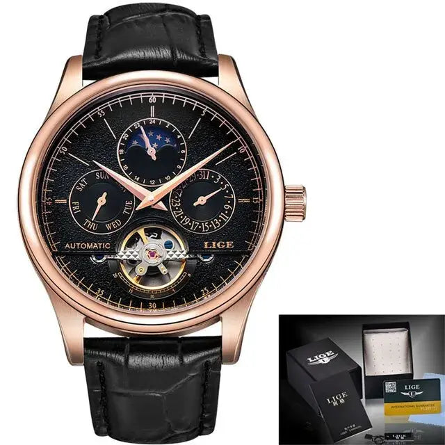 LIGE Tourbillon Genuine Leather Waterproof Watch
