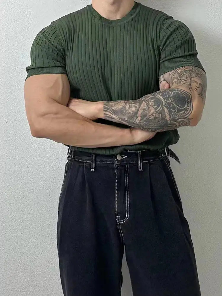 Solid Color Striped O-neck T-Shirt