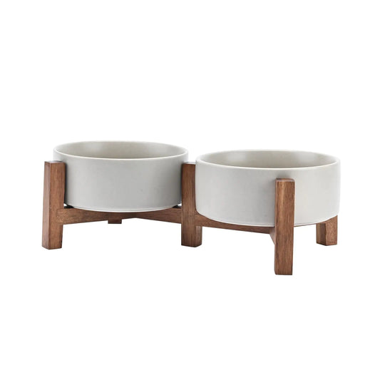 Ceramic Bowl Set with Acacia Wood Stand