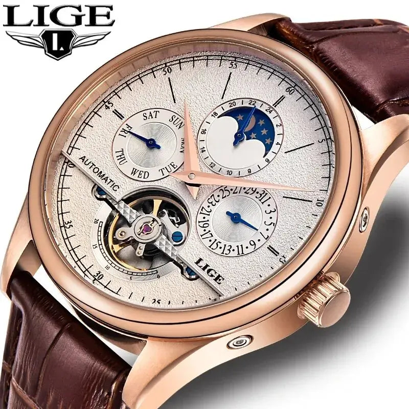 LIGE Tourbillon Genuine Leather Waterproof Watch